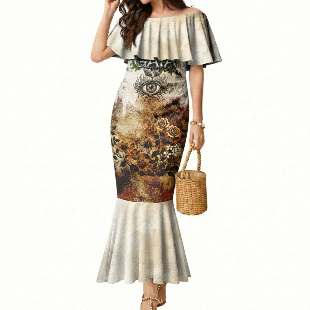 Gaia Mother Earth Sacred Eye Mermaid Dress Greek Vintage Botanical Sketch Esoteric Spiritual Floral