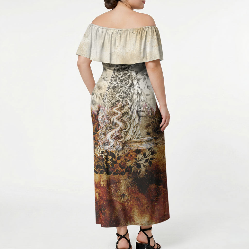 Gaia Mother Earth Sacred Eye Off Shoulder Maxi Dress Greek Vintage Botanical Sketch Esoteric Spiritual Floral
