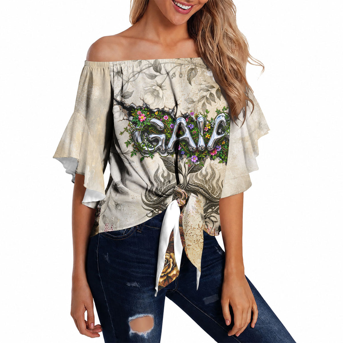 Gaia Mother Earth Sacred Eye Off Shoulder Wrap Waist Top Greek Vintage Botanical Sketch Esoteric Spiritual Floral