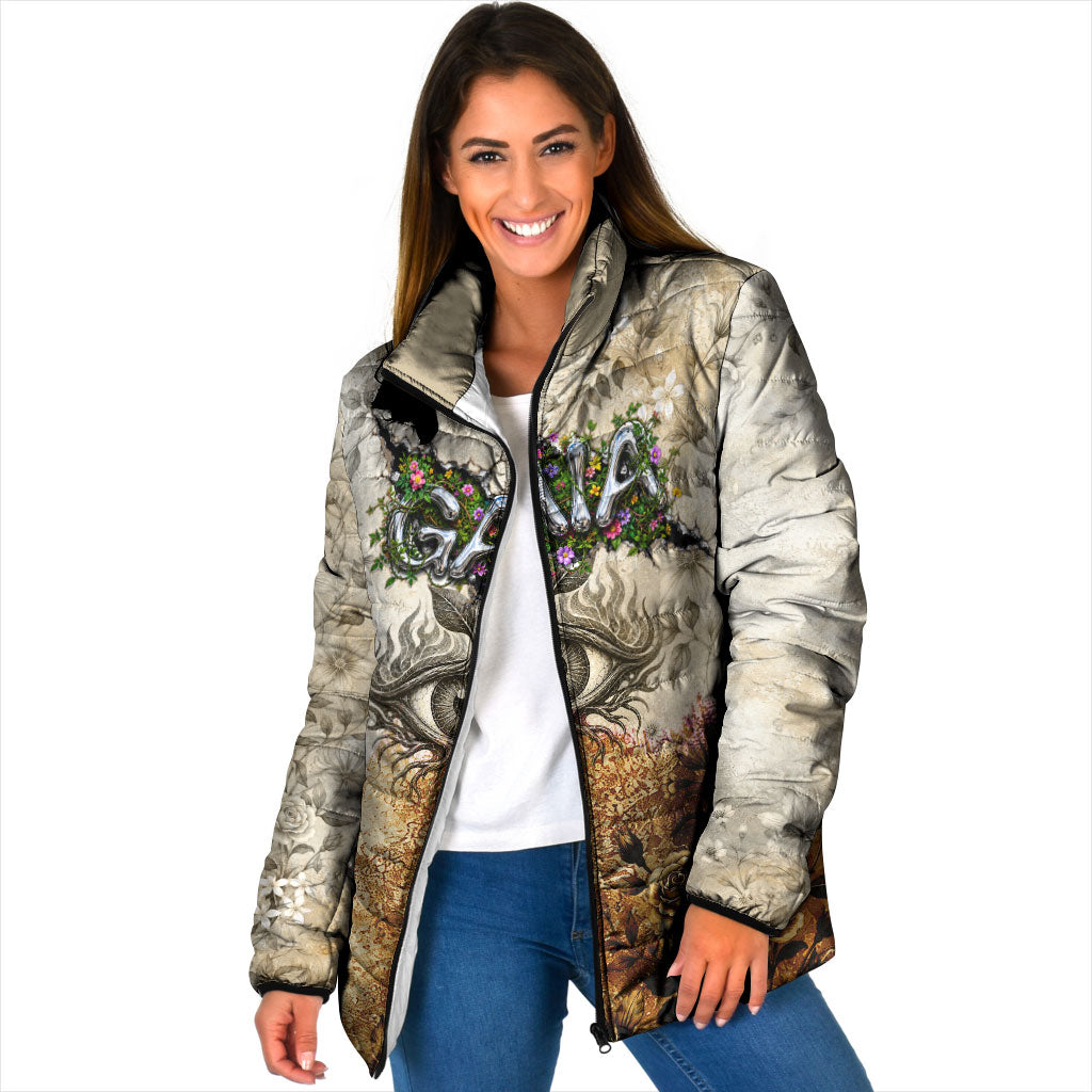 Gaia Mother Earth Sacred Eye Padded Jacket Greek Vintage Botanical Sketch Esoteric Spiritual Floral