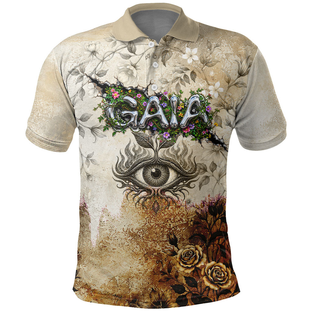 Gaia Mother Earth Sacred Eye Polo Shirt Greek Vintage Botanical Sketch Esoteric Spiritual Floral
