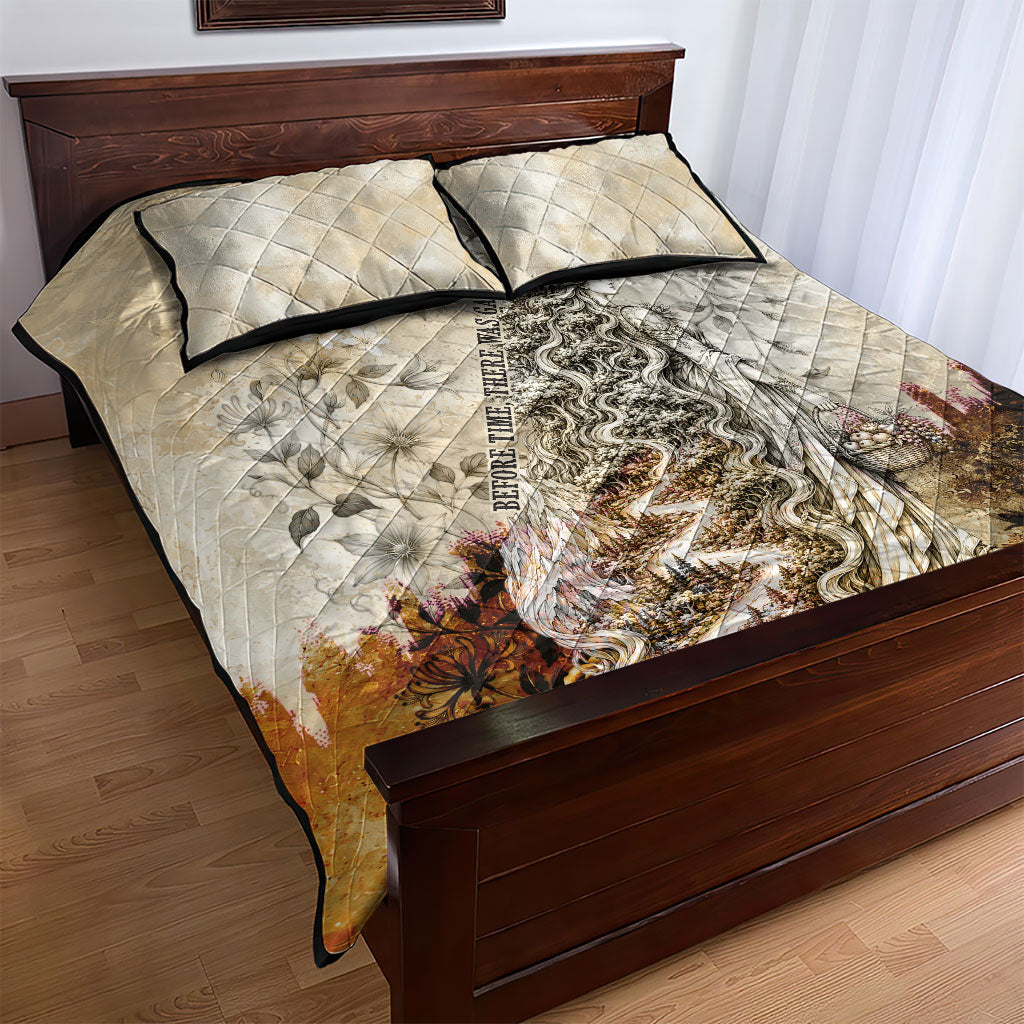 Gaia Mother Earth Sacred Eye Quilt Bed Set Greek Vintage Botanical Sketch Esoteric Spiritual Floral