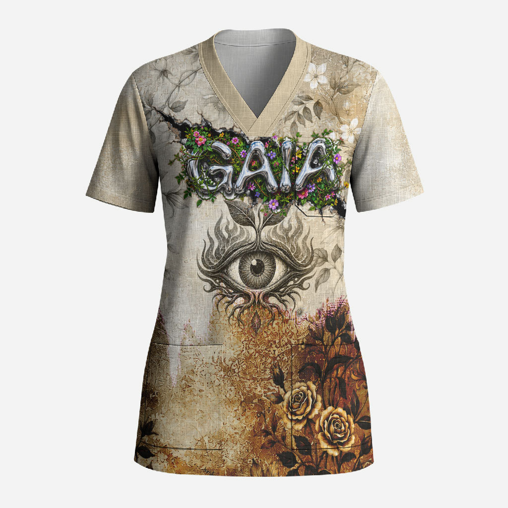 Gaia Mother Earth Sacred Eye Scrub Top Greek Vintage Botanical Sketch Esoteric Spiritual Floral