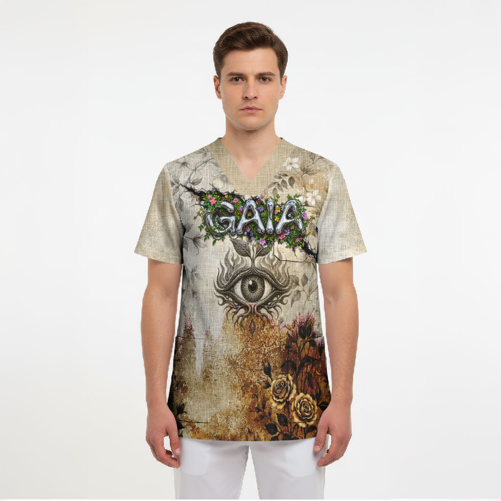 Gaia Mother Earth Sacred Eye Scrub Top Greek Vintage Botanical Sketch Esoteric Spiritual Floral