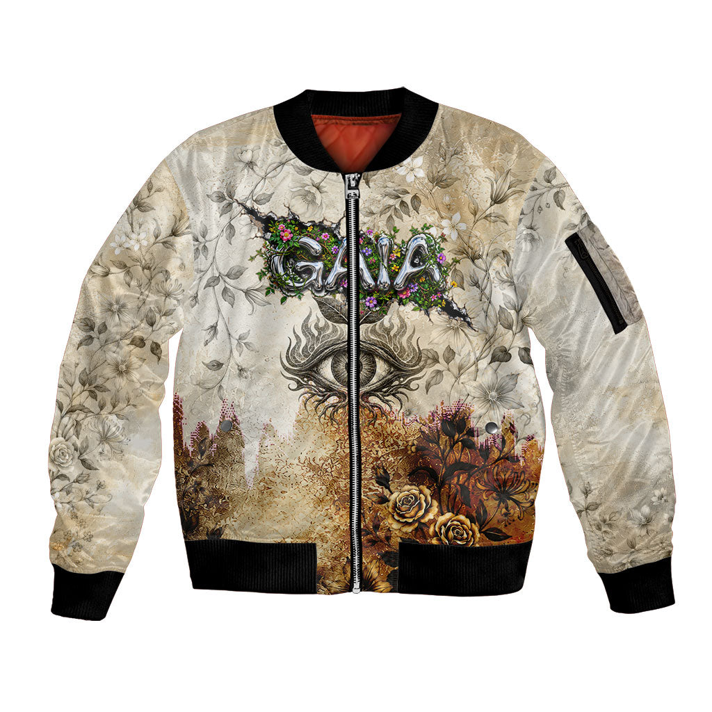 Gaia Mother Earth Sacred Eye Sleeve Zip Bomber Jacket Greek Vintage Botanical Sketch Esoteric Spiritual Floral