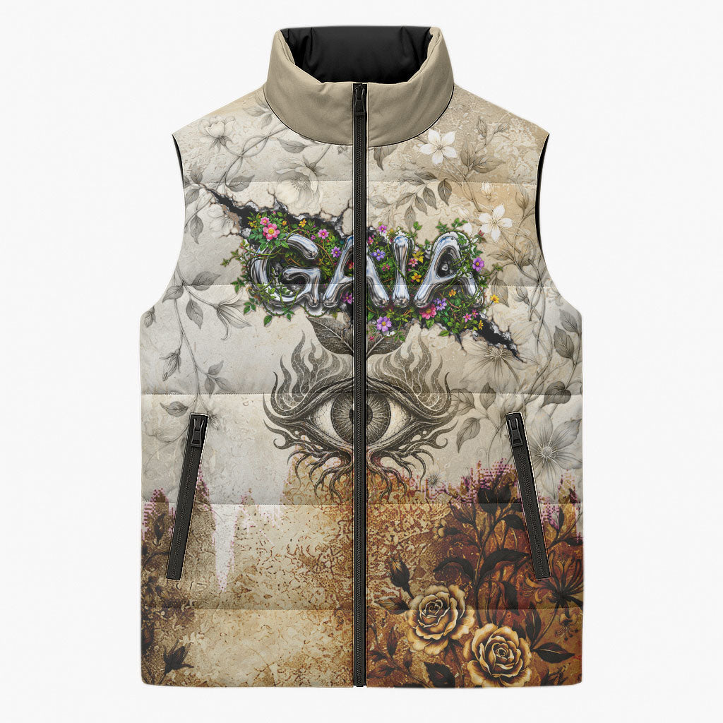 Gaia Mother Earth Sacred Eye Sleeveless Puffer Jacket Greek Vintage Botanical Sketch Esoteric Spiritual Floral