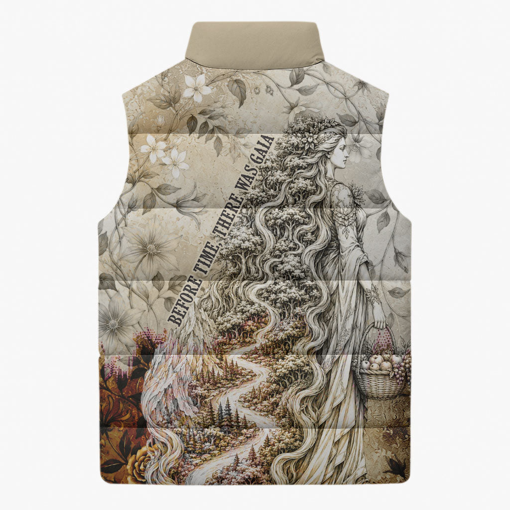 Gaia Mother Earth Sacred Eye Sleeveless Puffer Jacket Greek Vintage Botanical Sketch Esoteric Spiritual Floral