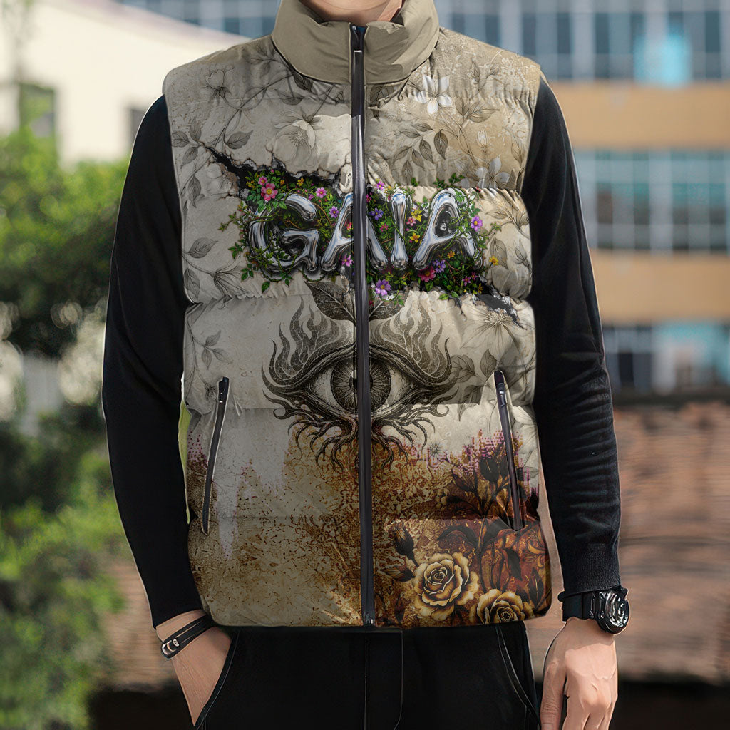 Gaia Mother Earth Sacred Eye Sleeveless Puffer Jacket Greek Vintage Botanical Sketch Esoteric Spiritual Floral