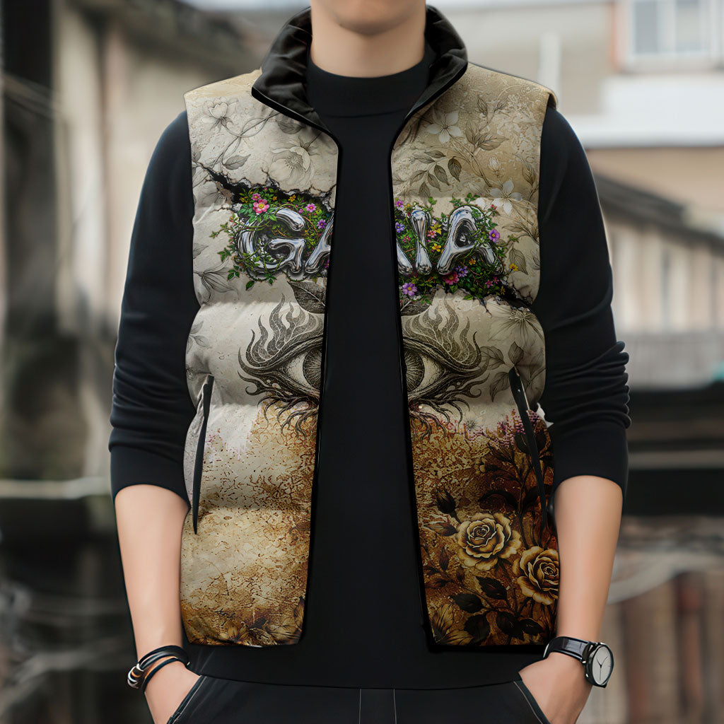 Gaia Mother Earth Sacred Eye Sleeveless Puffer Jacket Greek Vintage Botanical Sketch Esoteric Spiritual Floral