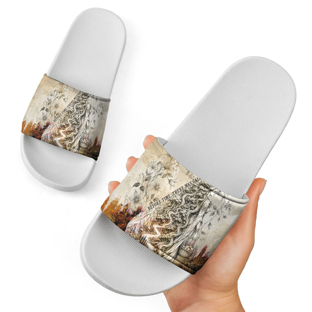 Gaia Mother Earth Sacred Eye Slide Sandals Greek Vintage Botanical Sketch Esoteric Spiritual Floral