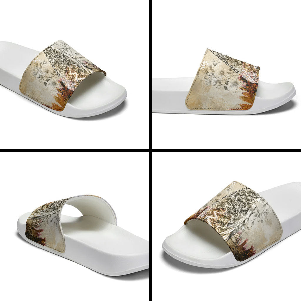 Gaia Mother Earth Sacred Eye Slide Sandals Greek Vintage Botanical Sketch Esoteric Spiritual Floral