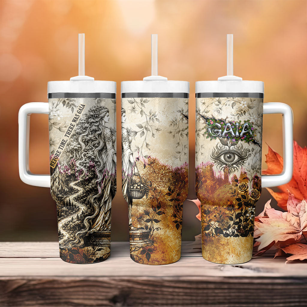 Gaia Mother Earth Sacred Eye Tumbler With Handle Greek Vintage Botanical Sketch Esoteric Spiritual Floral
