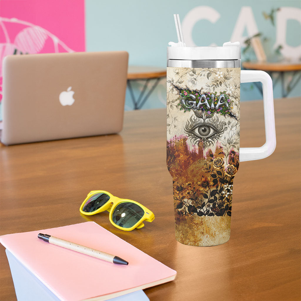 Gaia Mother Earth Sacred Eye Tumbler With Handle Greek Vintage Botanical Sketch Esoteric Spiritual Floral