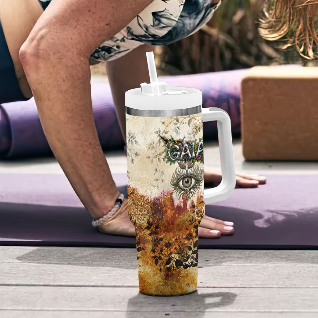 Gaia Mother Earth Sacred Eye Tumbler With Handle Greek Vintage Botanical Sketch Esoteric Spiritual Floral