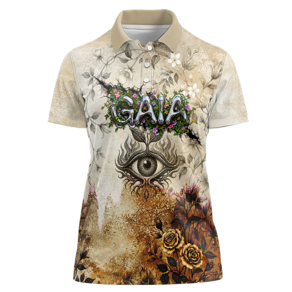 Gaia Mother Earth Sacred Eye Women Polo Shirt Greek Vintage Botanical Sketch Esoteric Spiritual Floral