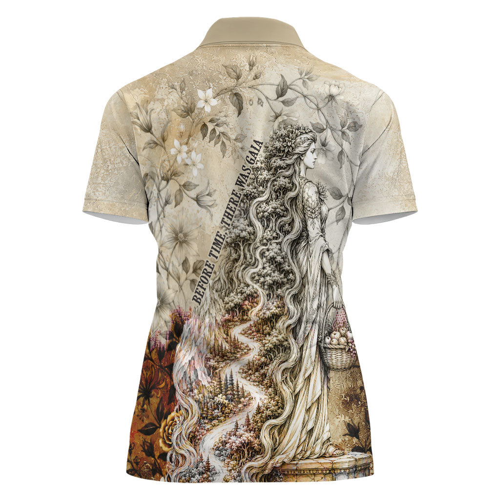 Gaia Mother Earth Sacred Eye Women Polo Shirt Greek Vintage Botanical Sketch Esoteric Spiritual Floral