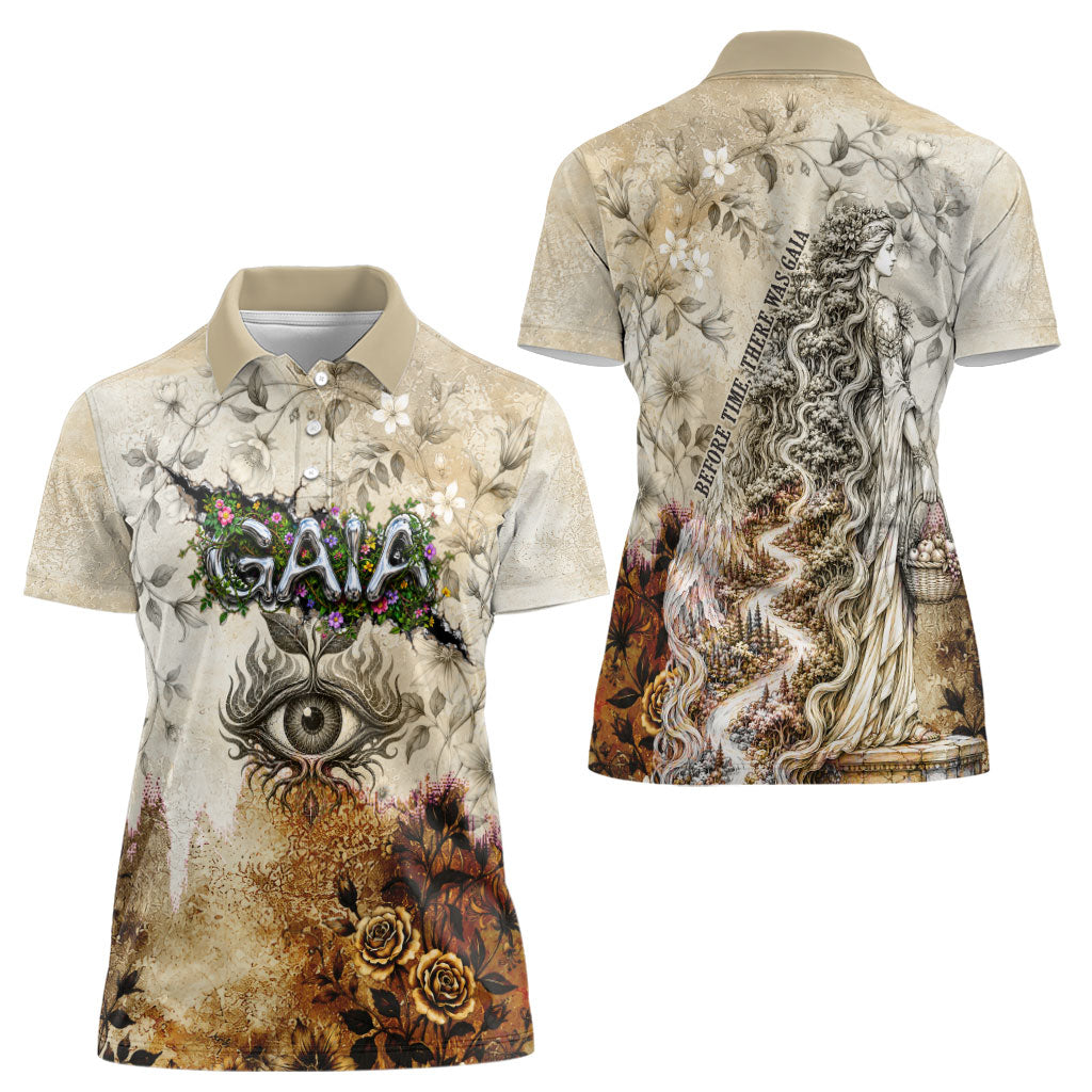 Gaia Mother Earth Sacred Eye Women Polo Shirt Greek Vintage Botanical Sketch Esoteric Spiritual Floral