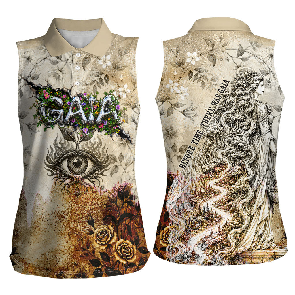 Gaia Mother Earth Sacred Eye Women Sleeveless Polo Shirt Greek Vintage Botanical Sketch Esoteric Spiritual Floral