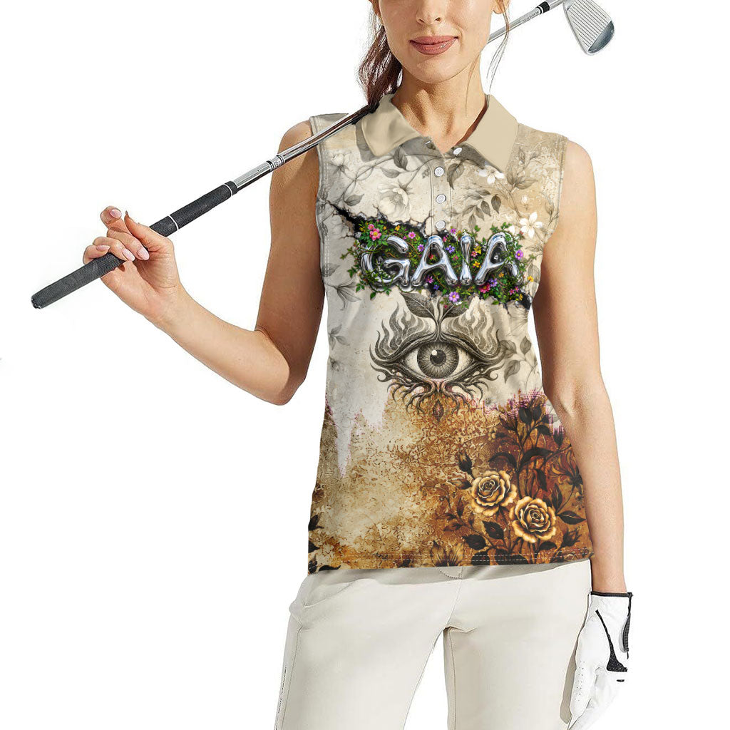 Gaia Mother Earth Sacred Eye Women Sleeveless Polo Shirt Greek Vintage Botanical Sketch Esoteric Spiritual Floral