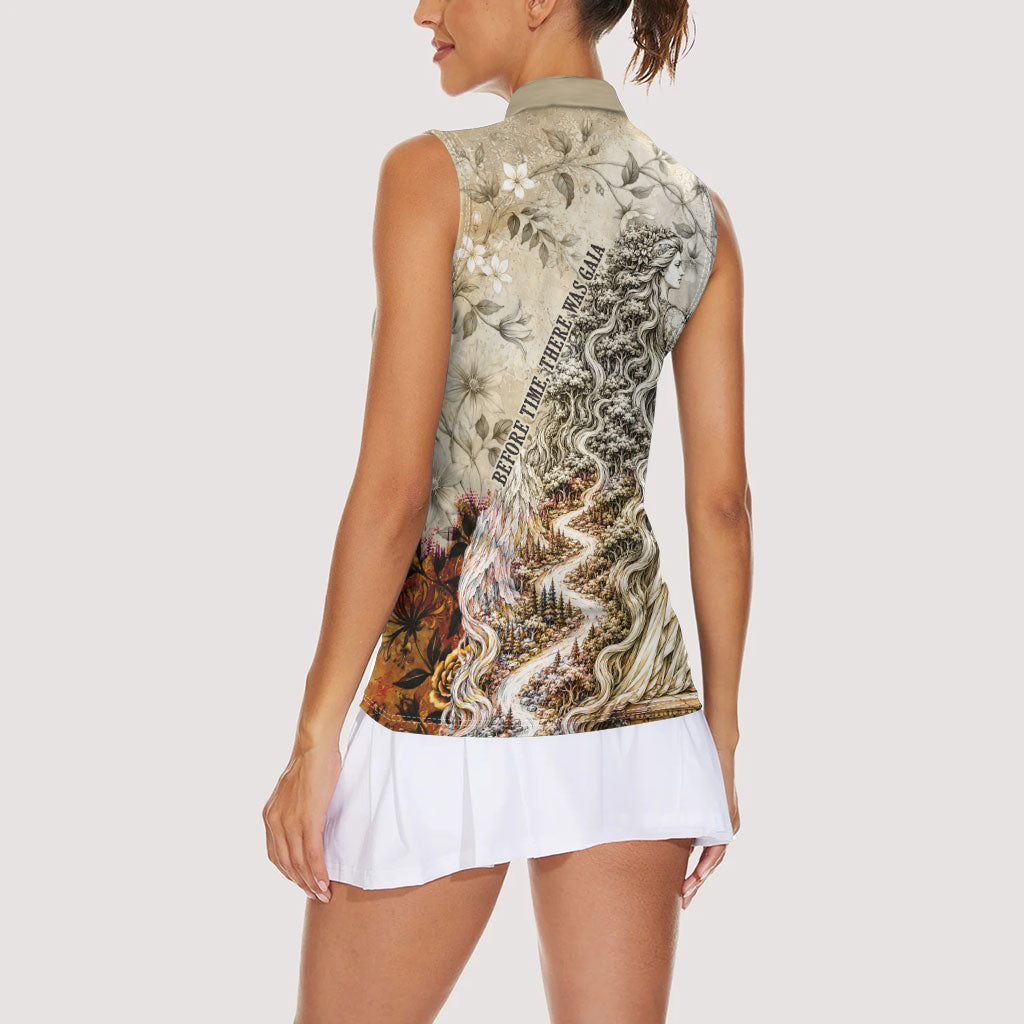 Gaia Mother Earth Sacred Eye Women Sleeveless Polo Shirt Greek Vintage Botanical Sketch Esoteric Spiritual Floral