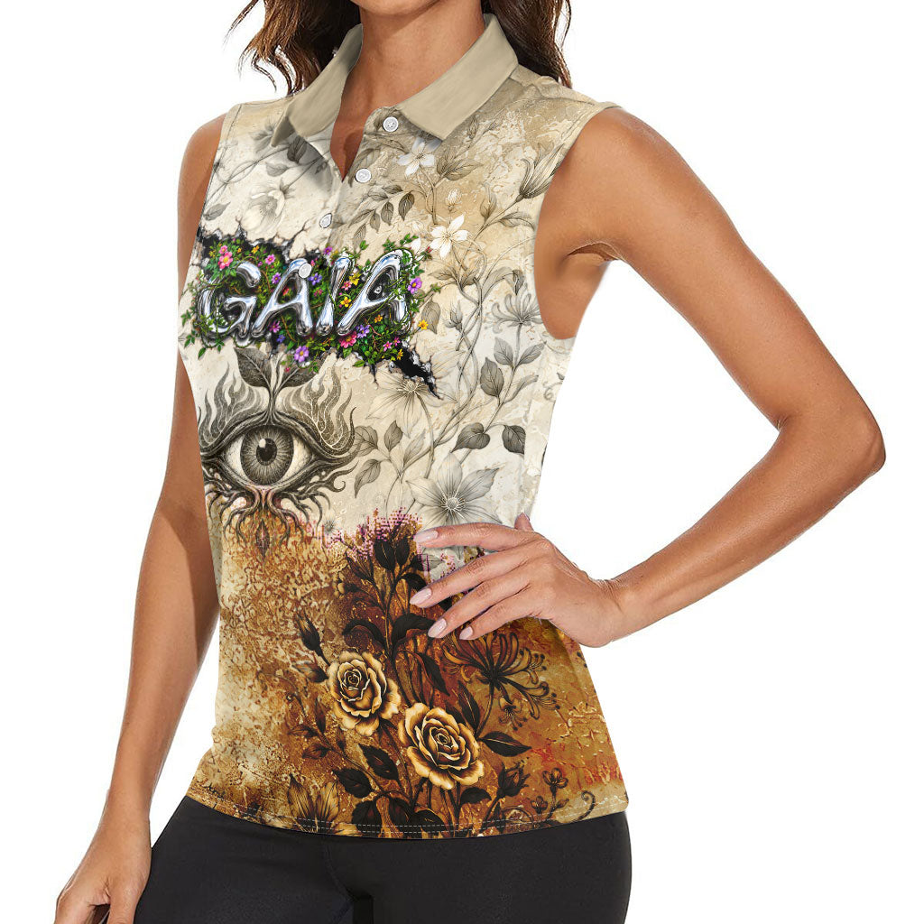 Gaia Mother Earth Sacred Eye Women Sleeveless Polo Shirt Greek Vintage Botanical Sketch Esoteric Spiritual Floral