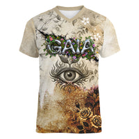 Gaia Mother Earth Sacred Eye Women V-Neck T-Shirt Greek Vintage Botanical Sketch Esoteric Spiritual Floral
