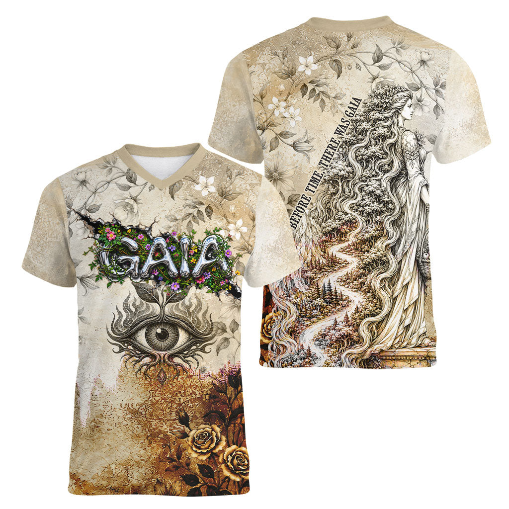Gaia Mother Earth Sacred Eye Women V-Neck T-Shirt Greek Vintage Botanical Sketch Esoteric Spiritual Floral