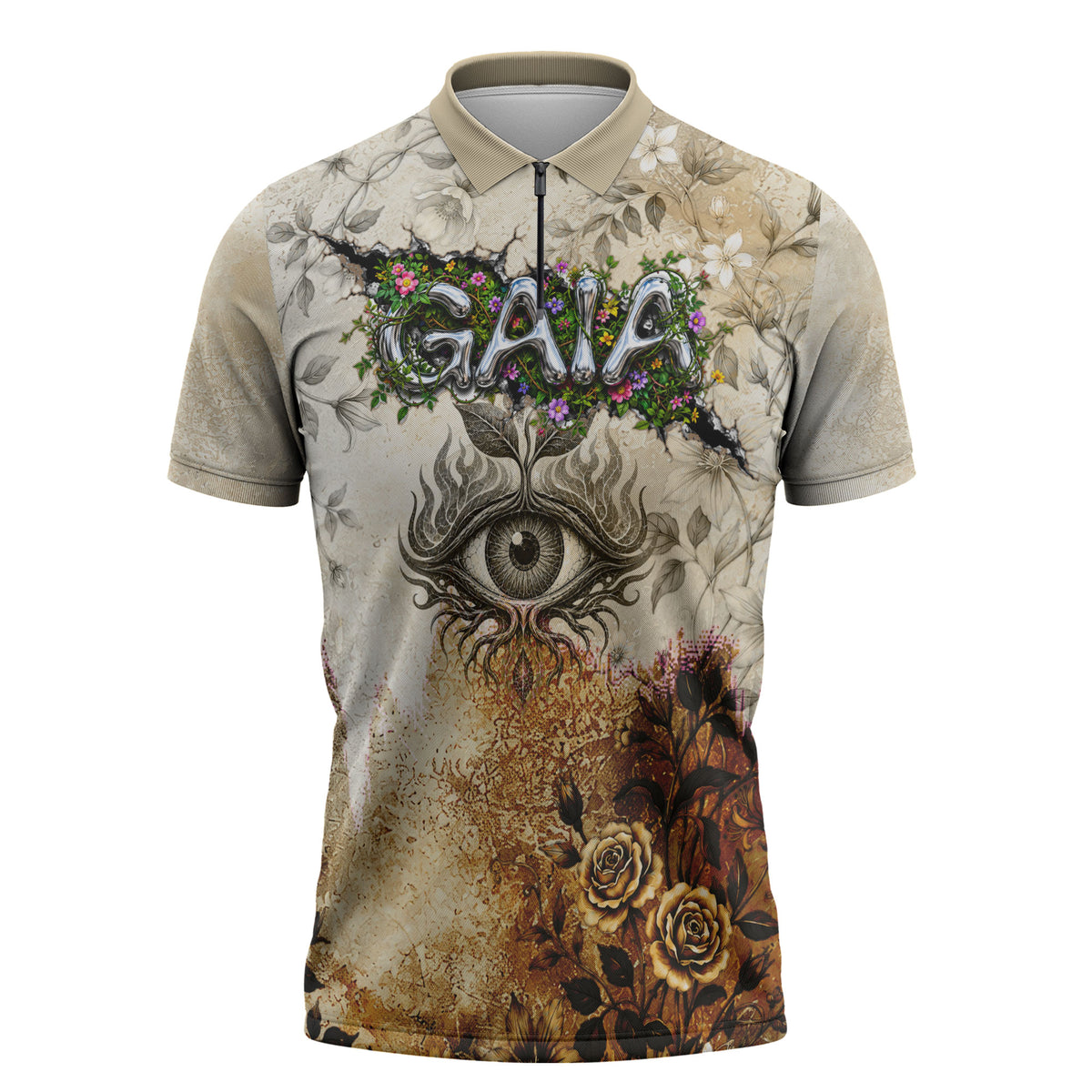 Gaia Mother Earth Sacred Eye Zipper Polo Shirt Greek Vintage Botanical Sketch Esoteric Spiritual Floral