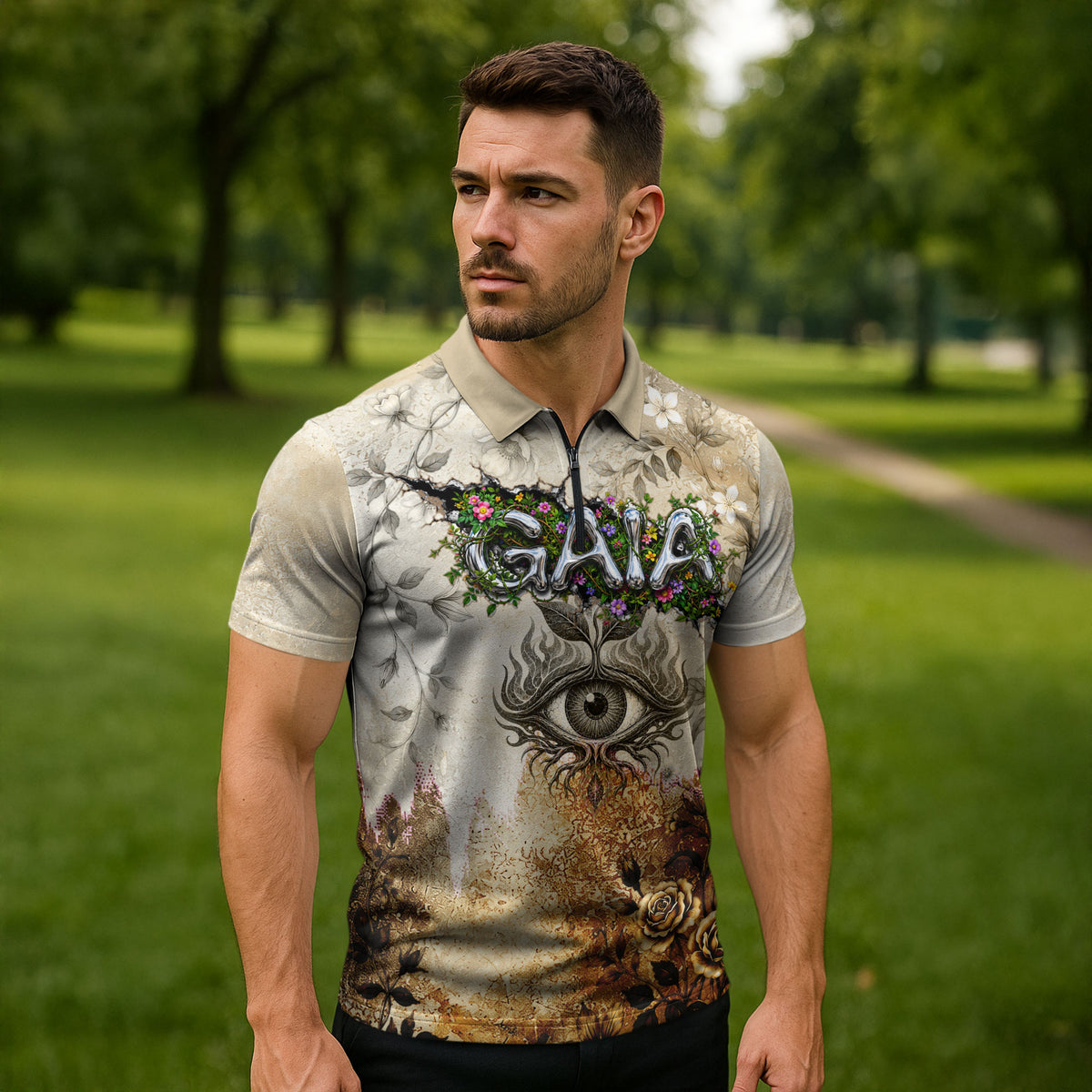 Gaia Mother Earth Sacred Eye Zipper Polo Shirt Greek Vintage Botanical Sketch Esoteric Spiritual Floral