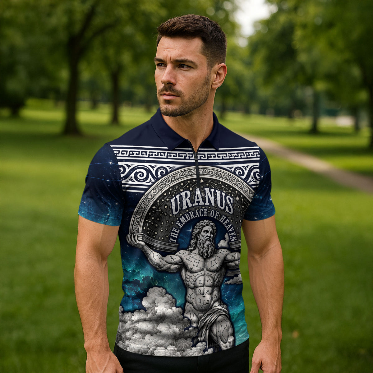 Uranus Greek God Of The Sky Zipper Polo Shirt Greek Mythology Celestial Zodiac Constellation Vintage