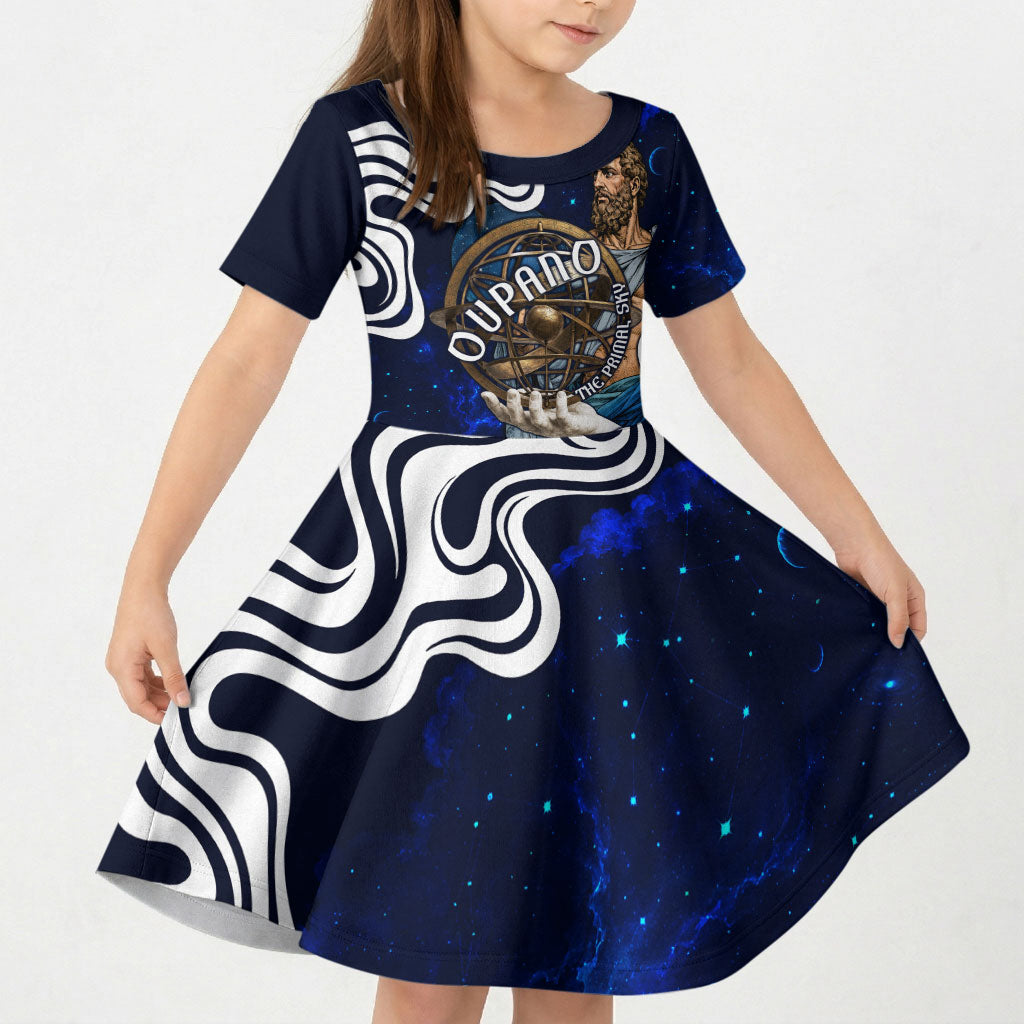Uranus The Primal Sky Greek God Kid Short Sleeve Dress Vintage Celestial Armillary Sphere Cosmos Mythology
