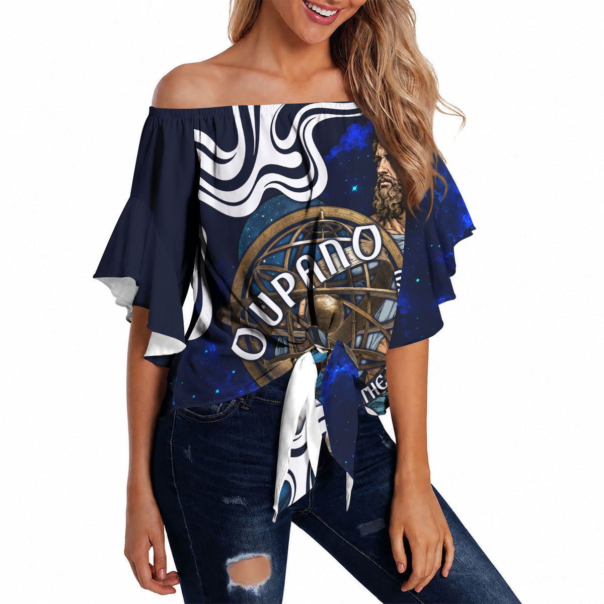 Uranus The Primal Sky Greek God Off Shoulder Wrap Waist Top Vintage Celestial Armillary Sphere Cosmos Mythology