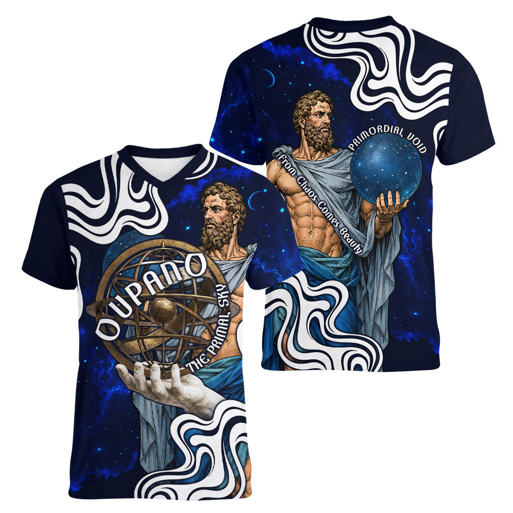 Uranus The Primal Sky Greek God Women V-Neck T-Shirt Vintage Celestial Armillary Sphere Cosmos Mythology