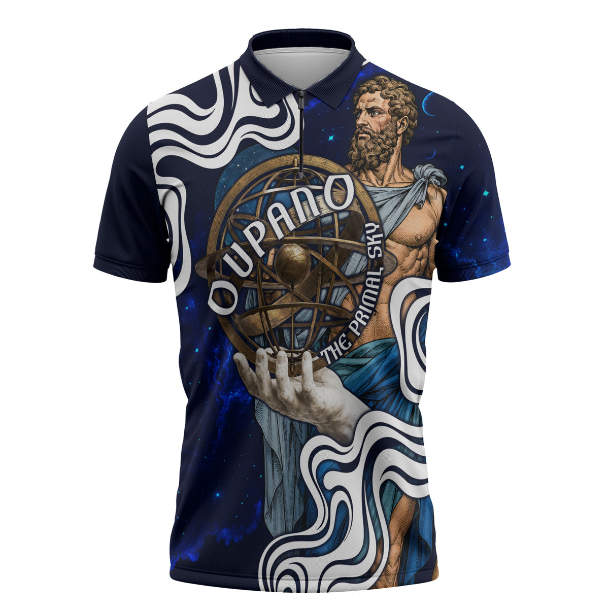 Uranus The Primal Sky Greek God Zipper Polo Shirt Vintage Celestial Armillary Sphere Cosmos Mythology
