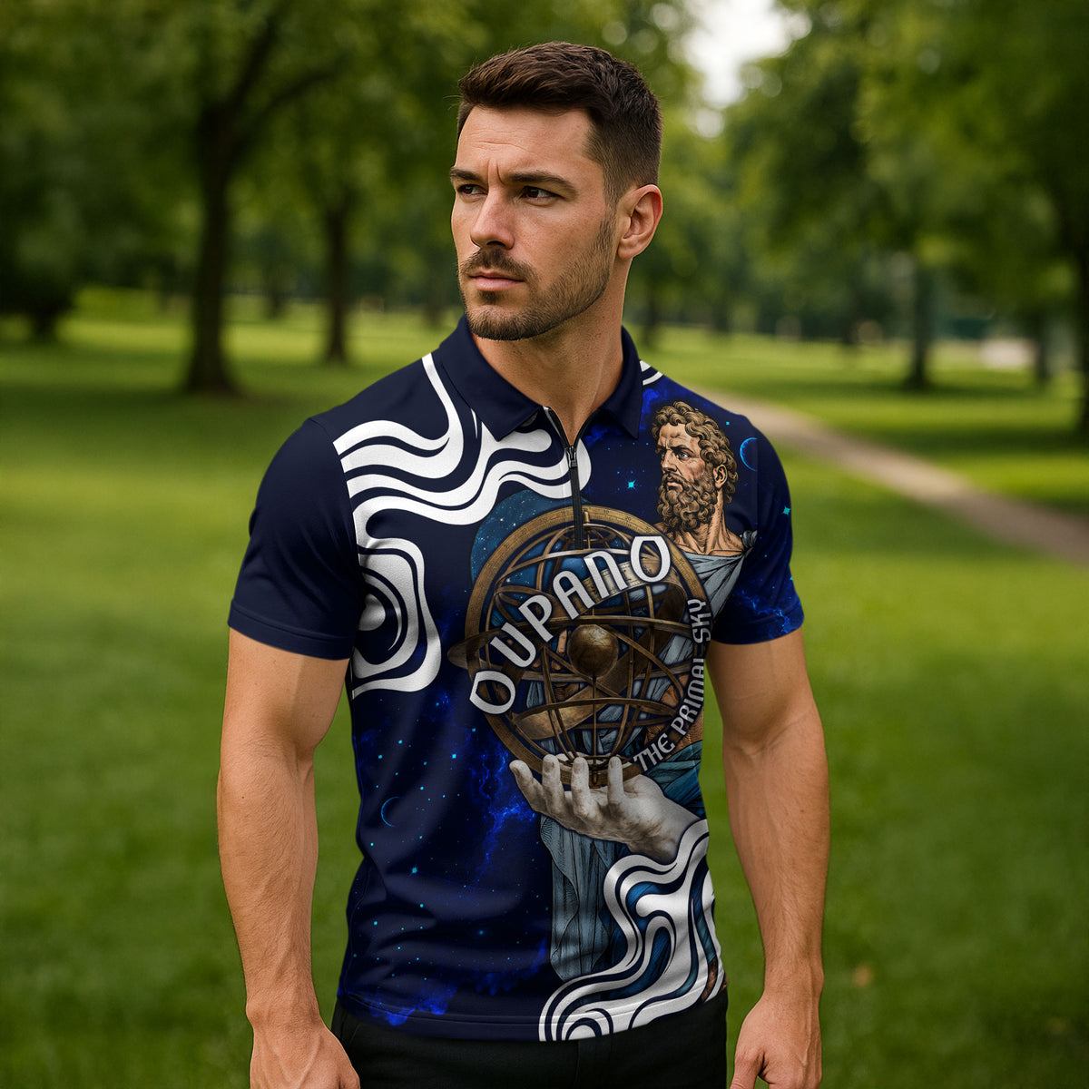 Uranus The Primal Sky Greek God Zipper Polo Shirt Vintage Celestial Armillary Sphere Cosmos Mythology