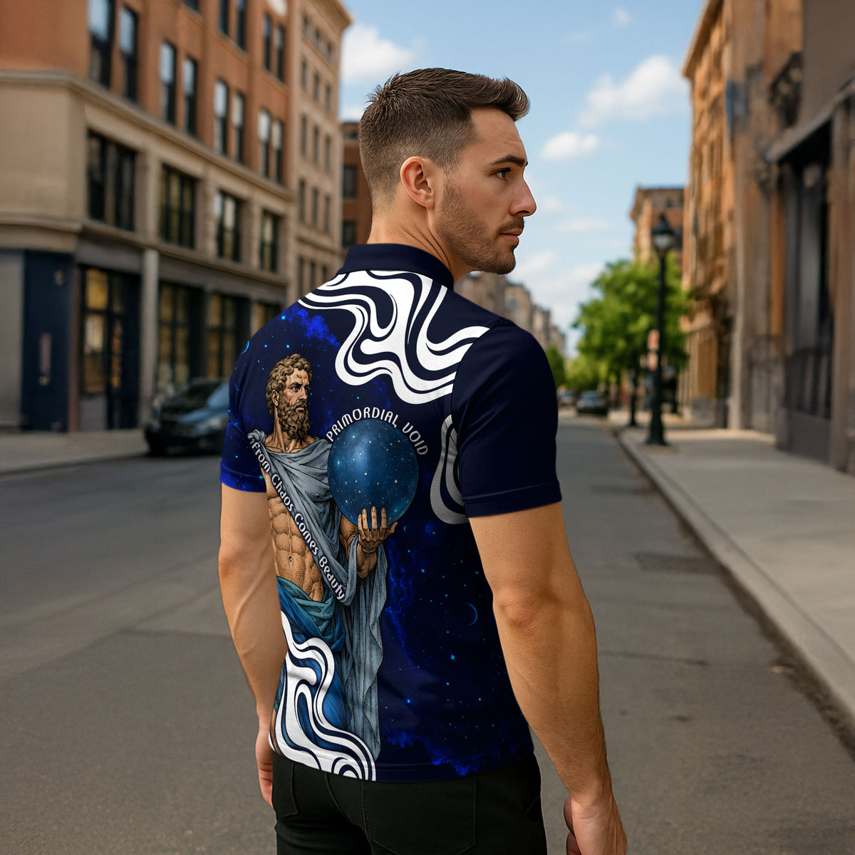Uranus The Primal Sky Greek God Zipper Polo Shirt Vintage Celestial Armillary Sphere Cosmos Mythology