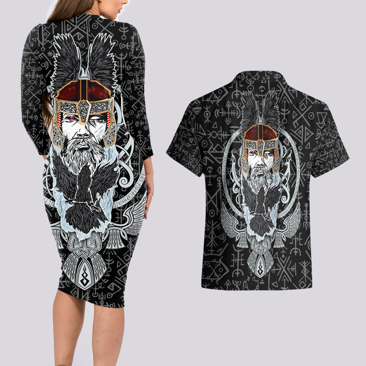 Viking Odin Couples Matching Long Sleeve Bodycon Dress and Hawaiian Shirt The All-Father God in Norse Mythology with Runes Pattern - Wonder Print Shop