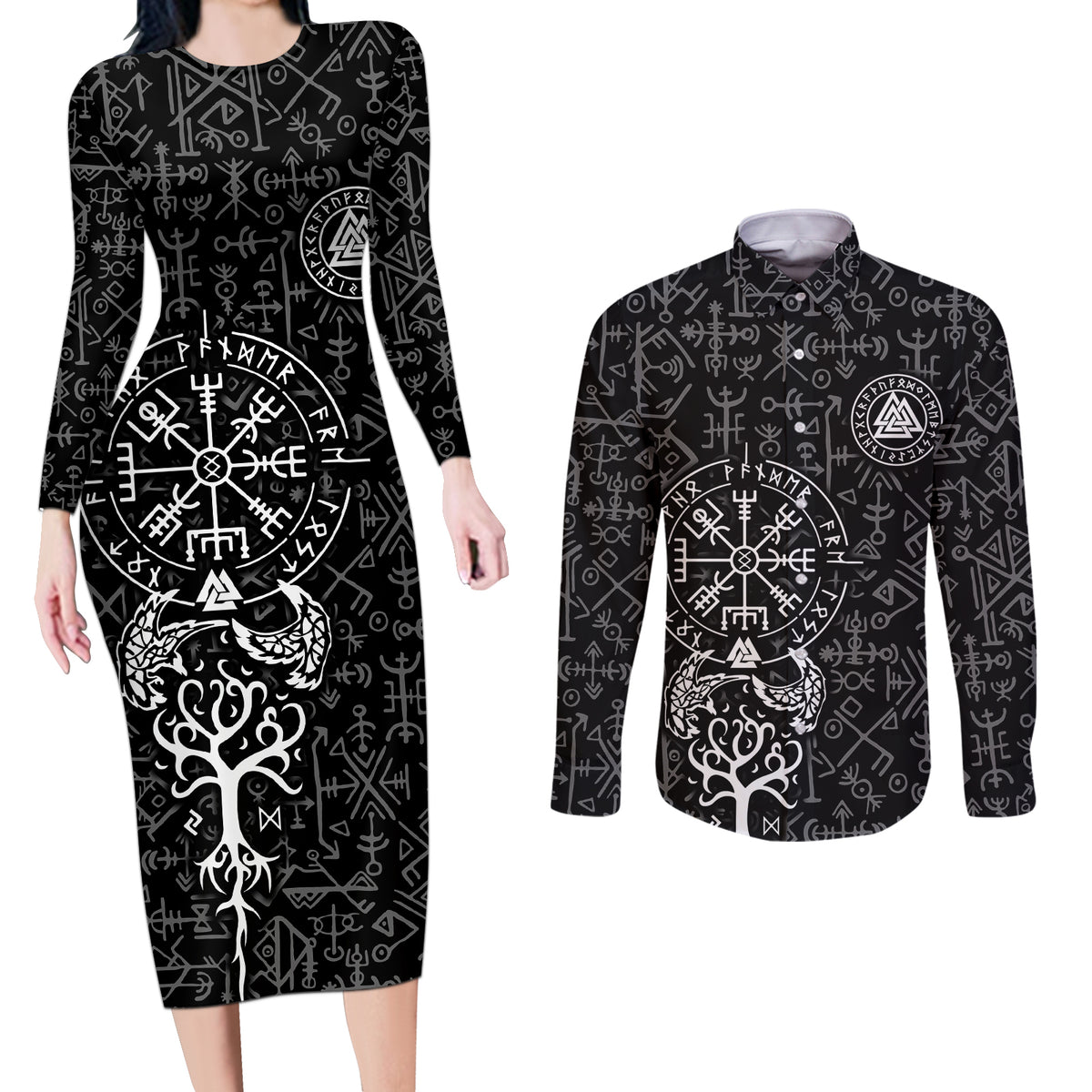 Viking Odin Couples Matching Long Sleeve Bodycon Dress and Long Sleeve Button Shirts The All-Father God in Norse Mythology with Runes Pattern - Wonder Print Shop