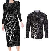 Viking Odin Couples Matching Long Sleeve Bodycon Dress and Long Sleeve Button Shirts The All-Father God in Norse Mythology with Runes Pattern - Wonder Print Shop