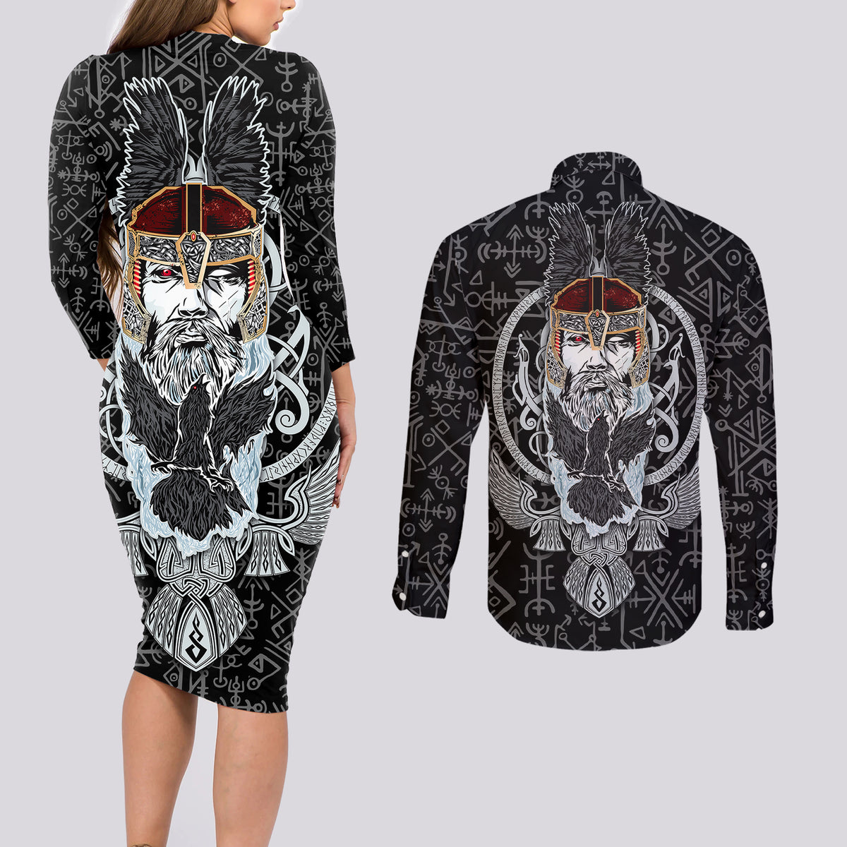 Viking Odin Couples Matching Long Sleeve Bodycon Dress and Long Sleeve Button Shirts The All-Father God in Norse Mythology with Runes Pattern - Wonder Print Shop