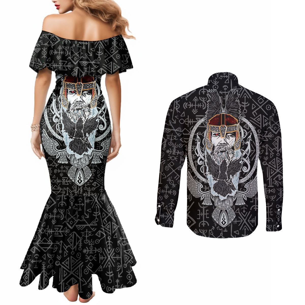 viking-odin-couples-matching-mermaid-dress-and-long-sleeve-button-shirts-the-all-father-god-in-norse-mythology-with-runes-pattern
