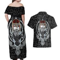 Viking Odin Couples Matching Off Shoulder Maxi Dress and Hawaiian Shirt The All-Father God in Norse Mythology with Runes Pattern - Wonder Print Shop