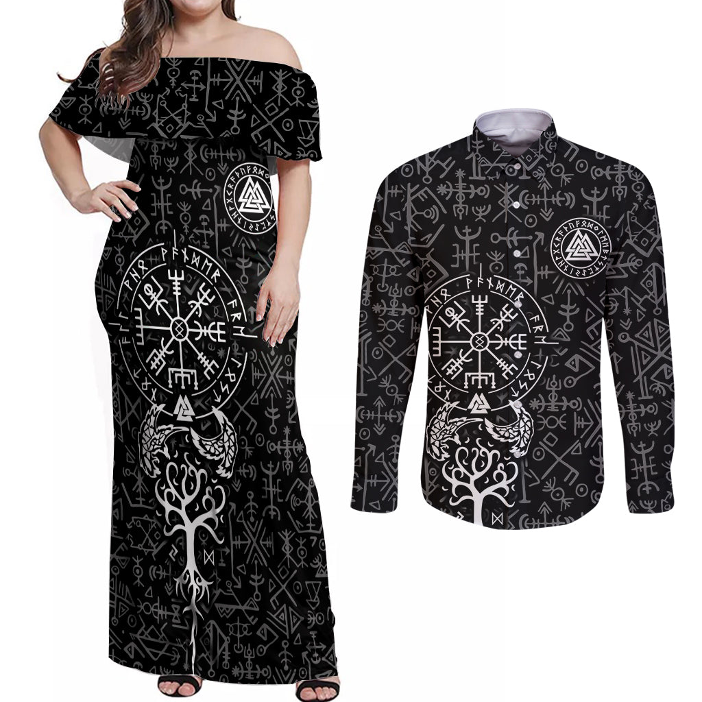 Viking Odin Couples Matching Off Shoulder Maxi Dress and Long Sleeve Button Shirts The All-Father God in Norse Mythology with Runes Pattern - Wonder Print Shop