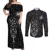 Viking Odin Couples Matching Off Shoulder Maxi Dress and Long Sleeve Button Shirts The All-Father God in Norse Mythology with Runes Pattern - Wonder Print Shop