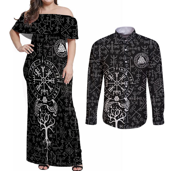 Viking Odin Couples Matching Off Shoulder Maxi Dress and Long Sleeve ...