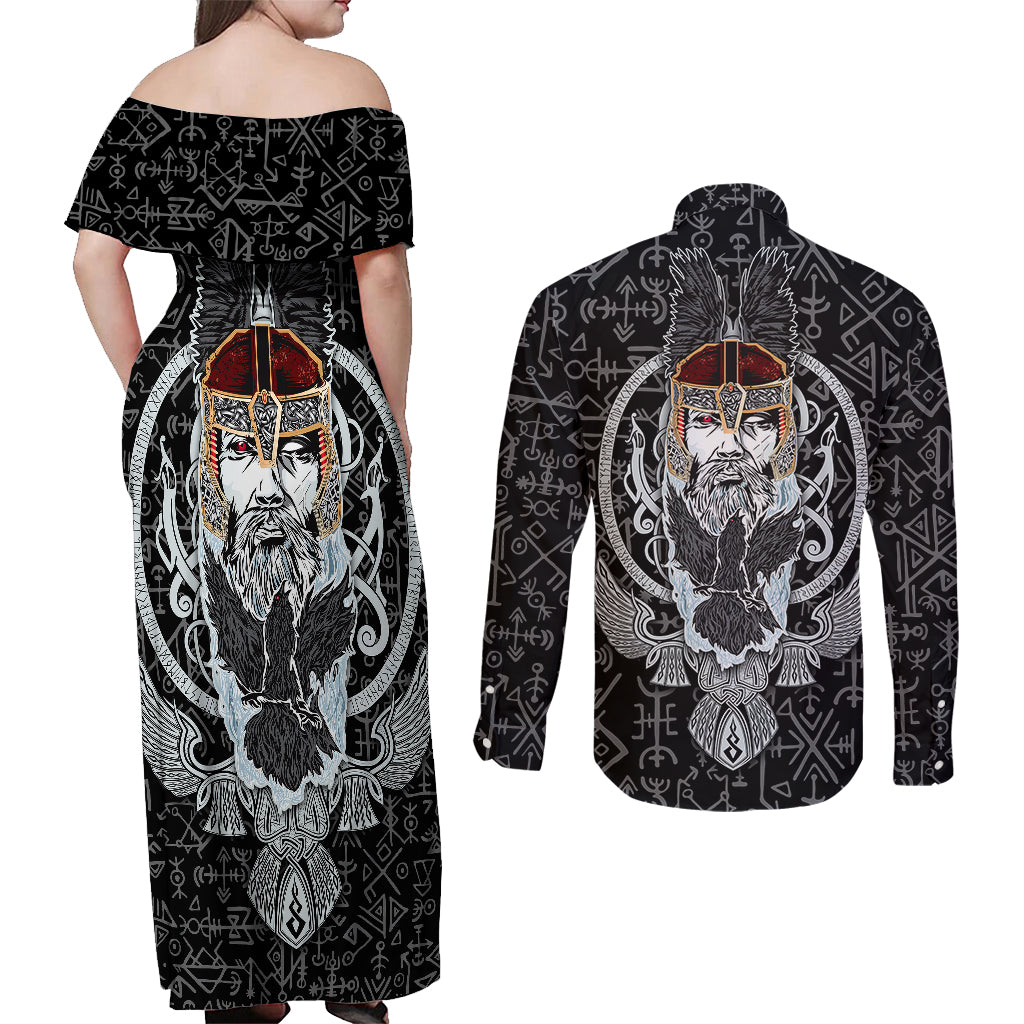 Viking Odin Couples Matching Off Shoulder Maxi Dress and Long Sleeve Button Shirts The All-Father God in Norse Mythology with Runes Pattern - Wonder Print Shop
