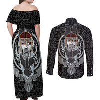 Viking Odin Couples Matching Off Shoulder Maxi Dress and Long Sleeve Button Shirts The All-Father God in Norse Mythology with Runes Pattern - Wonder Print Shop