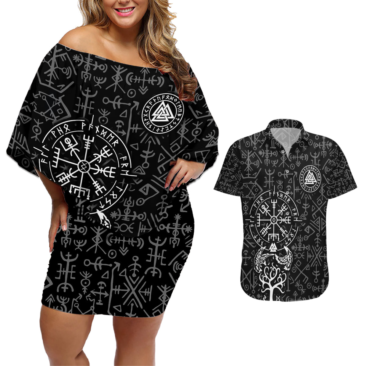 Viking Odin Couples Matching Off Shoulder Short Dress and Hawaiian Shirt The All-Father God in Norse Mythology with Runes Pattern - Wonder Print Shop