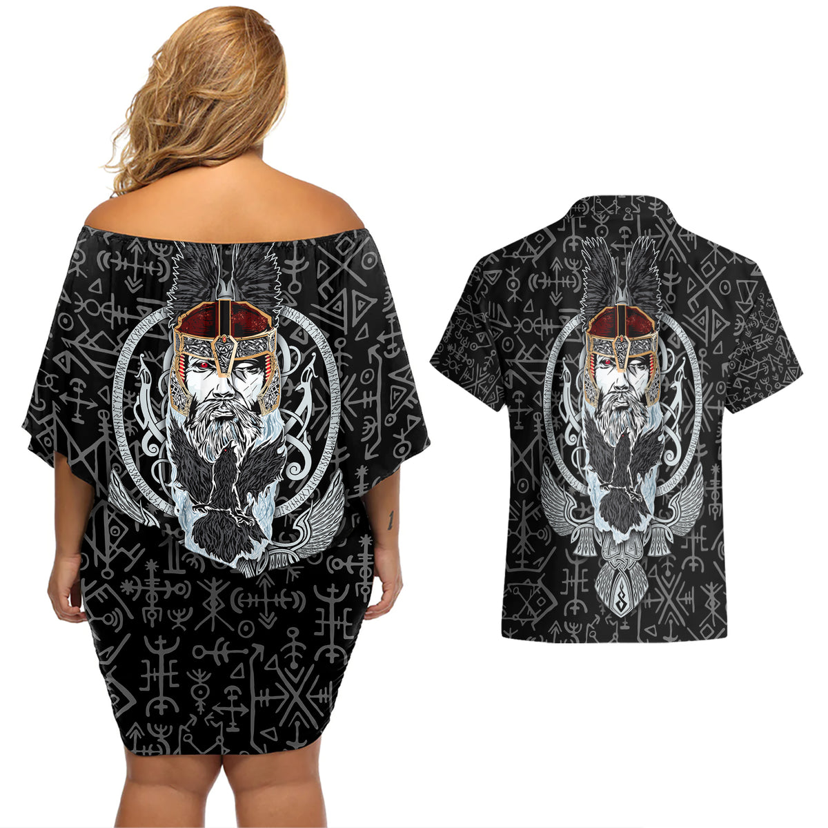 Viking Odin Couples Matching Off Shoulder Short Dress and Hawaiian Shirt The All-Father God in Norse Mythology with Runes Pattern - Wonder Print Shop
