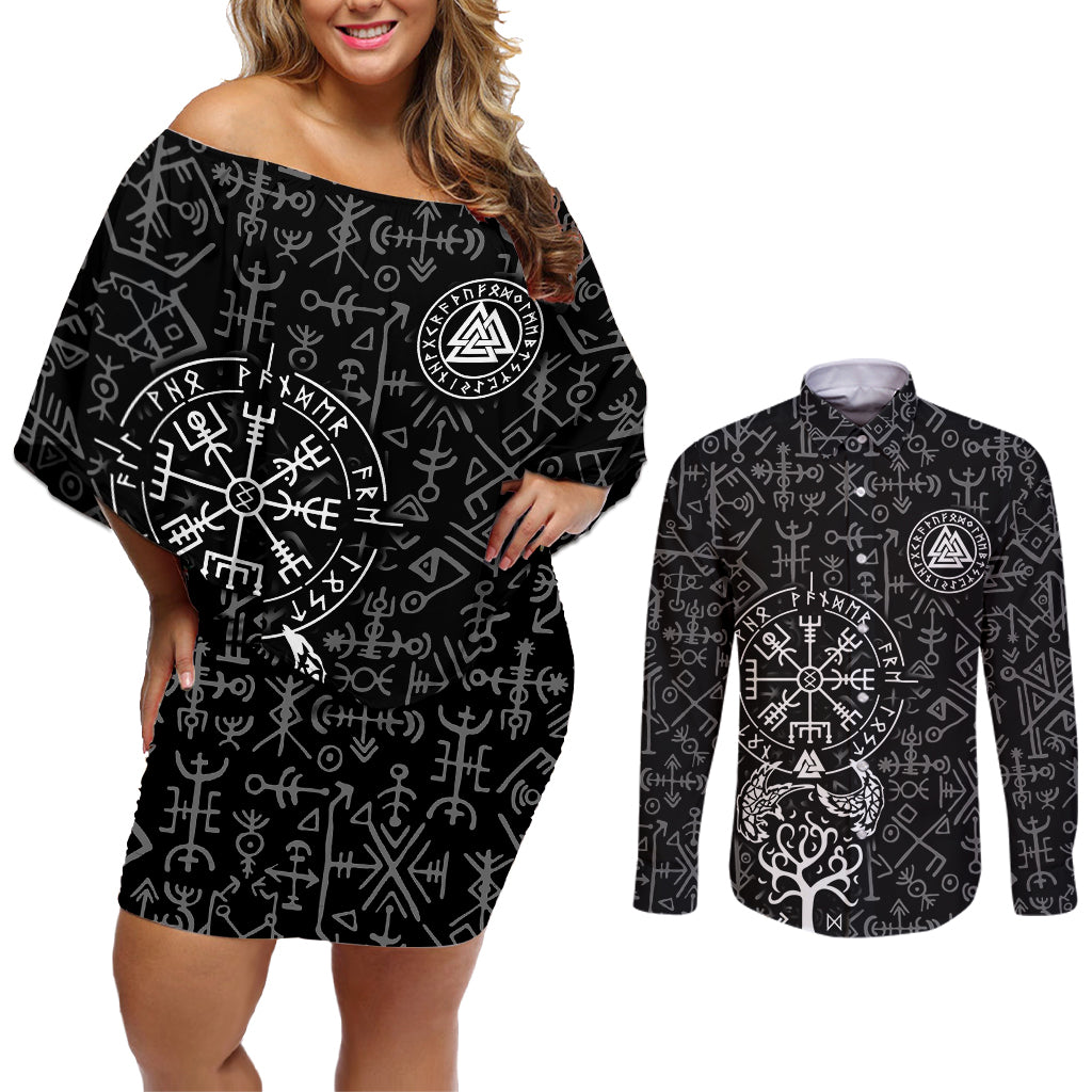 Viking Odin Couples Matching Off Shoulder Short Dress and Long Sleeve Button Shirts The All-Father God in Norse Mythology with Runes Pattern - Wonder Print Shop